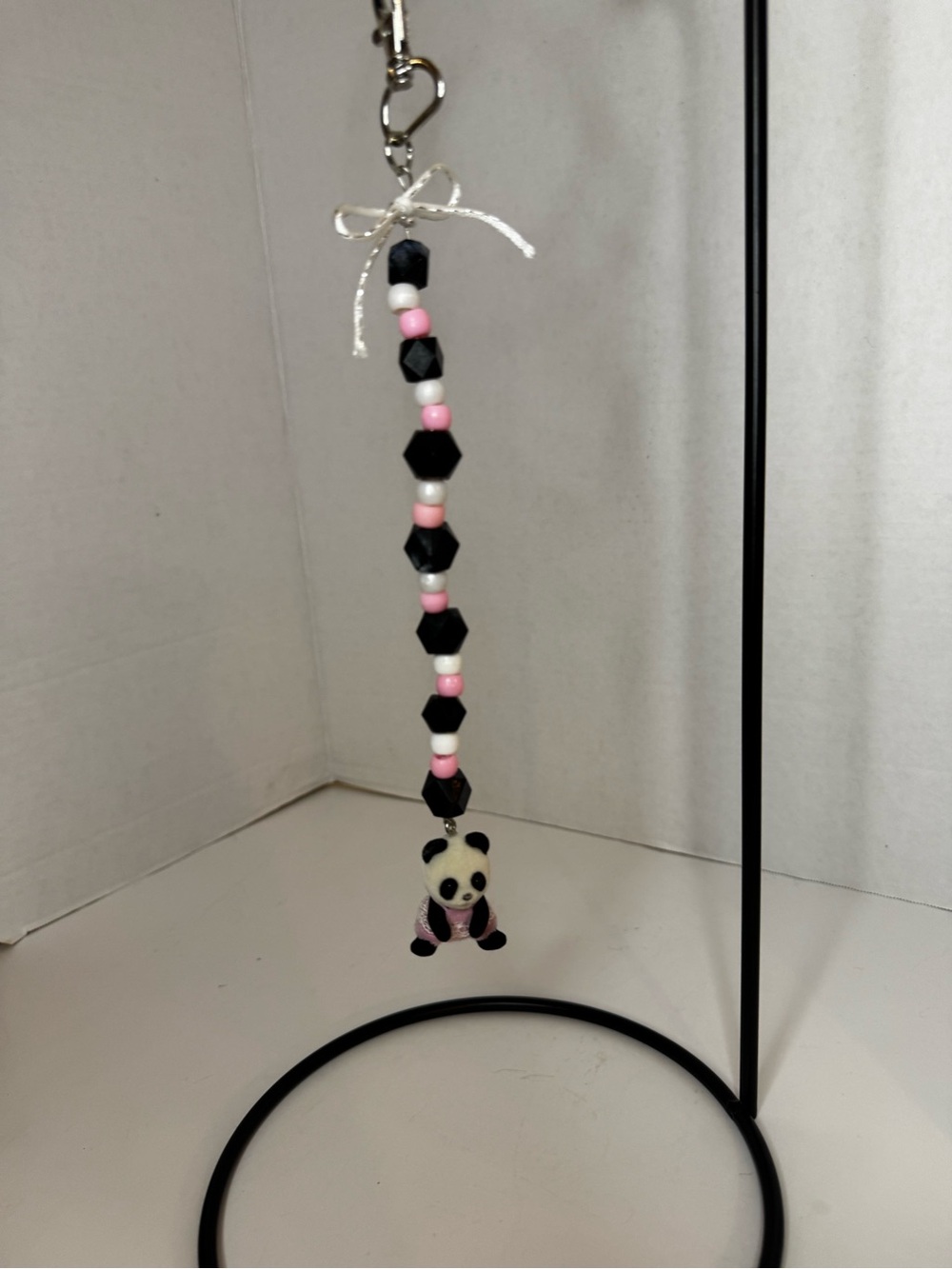 Pink & Black Beaded Panda Charm Keychain for Kids